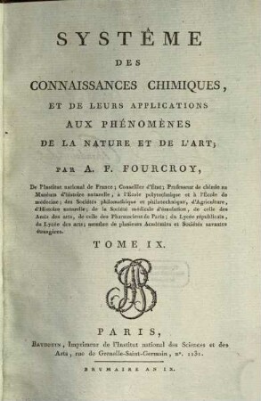 Système des connaissances chimiques, et de leurs applications aux phénomènes de la nature et de l'art, 9