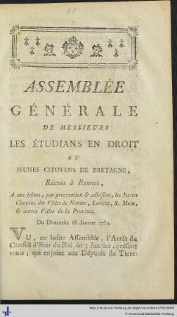 Assemblée Générale De Messieurs Les Etudians En Droit Et Jeunes Citoyens De Bretagne.
