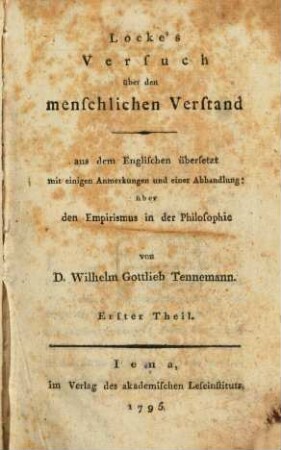 Locke's Versuch über den menschlichen Verstand, Erster Theil