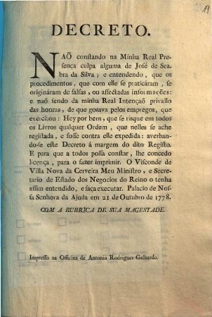 Decreto Naõ constando na Minha Real Presença culpa alguma de José de Seabra da Silva ...