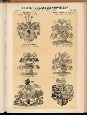 Taf. 196. - Wachtmeister. Schwed. Nat.-Dipl. 24.III.1578. - Wachtmeister auf Björkö. Schwed. Frh. 8.IV.1651. - Wachtmeister. Preuss. Gf. 17.I.1816. - Wachtmeister auf Mälsäker. Schwed. Grf. 7.VI.1693. - v. Wachten. - v. Wagner. R.-A. 7.V.1753