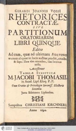 Gerardi Joannis Vossi Rhetorices Contractae, Sive Partitionum Oratoriarum Libri Quinque : Accesserunt Tabulae Synopticae M. Jacobi Thomasii, in Acad. Lips. eloq. P.P.