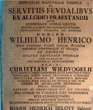 Dispvtatio Inavgvralis Ivridica De Servitiis Fevdalibvs Ex Allodio Praestandis