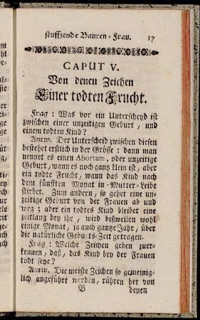 Caput V. Von denen Zeichen Einder todten Frucht.