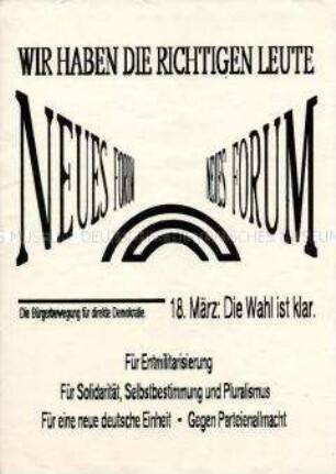 Wahlflugblatt des Neuen Forums zur Volkskammerwahl 1990