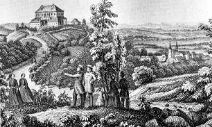 Gernrode am Harz mit Stubenberg links, historische Darstellung frühee 19. Jahrhundert, Sachsen-Anhalt