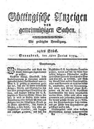 24tes Stück. Sonnabend, den 18ten Junius 1774.