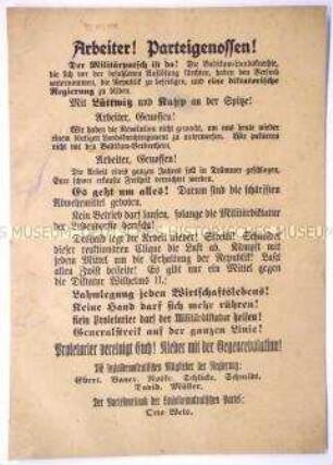 Programmatischer Aufruf der sozialdemokratischen Regierung zum Arbeitergeneralstreik - gegen Militärputsch und diktatorische Kapp-Lüttwitz-Regierung