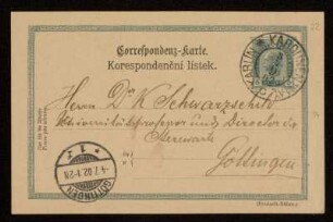Nr. 22 Postkarte von Samuel Oppenheim an Karl Schwarzschild. Karolinenthal, 3.7.1902