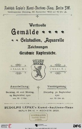 Nr. 1308: Katalog / Rudolph Lepke's Kunst-Auctions-Haus, Berlin: Werthvolle Gemälde, Oelstudien, Aquarelle, Zeichnungen, gerahmte Kupferstiche : Versteigerung: 30. September 1902