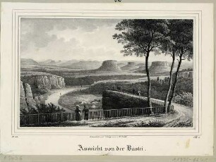 Blick von der Bastei bei Rathen nach Südosten über das Elbtal auf die Tafelberge der Sächsischen Schweiz, aus der Zeitschrift Saxonia um 1840?