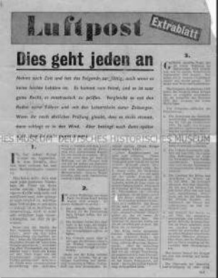 Nachrichtenblatt der Alliierten "Luftpost" mit der Aufforderung zur Beendigung des Krieges
