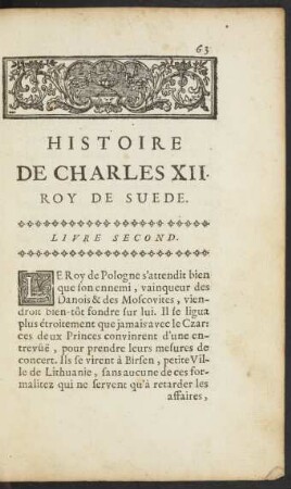 Histoire De Charles XII. Roy De Suede. Livre Second.