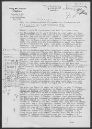 Uhingen mit Holzhausen und Sparwiesen: Visitationsbericht mit Pfarrbericht 1958