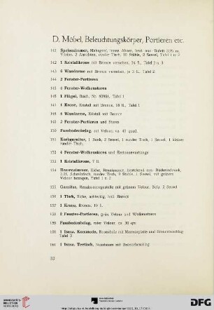 D. Möbel, Beleuchtungskörper, Portieren etc. (Nr. 141-239)