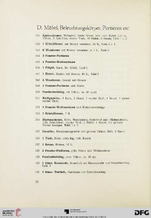 D. Möbel, Beleuchtungskörper, Portieren etc. (Nr. 141-239)
