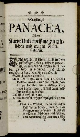 Geistliche Panacea, oder: Kurtze Unterweisung zur zeitlichen und ewigen Glückseeligkeit.
