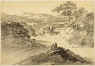 Landschaft mit einem Zeichner auf einem Hügel im Vordergrund