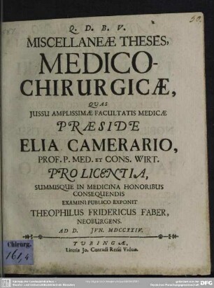 Miscellaneae Theses, Medico-Chirurgicae