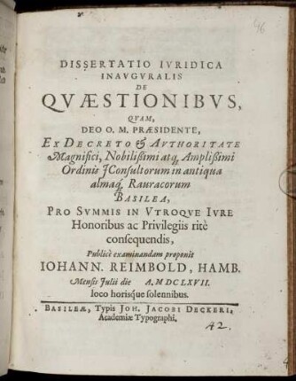 Dissertatio Iuridica Inauguralis De Quaestionibus