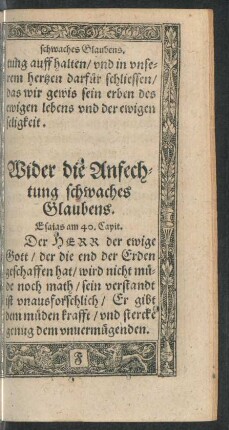 Wider die Anfechtung schwaches Glaubens.