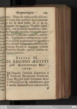 Sectio III. De Regibus Aegypti post Alexandrum Magnum.
