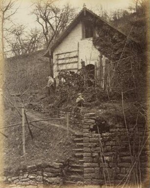 Ländliche Studien und Schiffe auf dem Neckar: Hütte mit Staffagen am Bergabhang