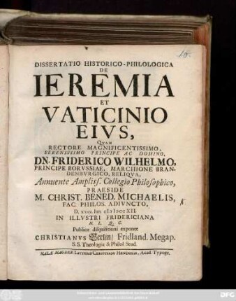 Dissertatio Historico-Philologica De Ieremia Et Vaticinio Eivs