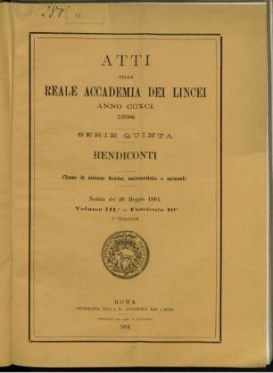 Seduta del 20 Maggio 1894. Volume III. - Fascicolo 10.