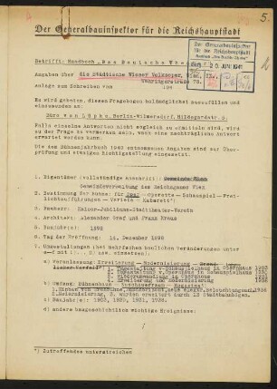 Kaiserjubiläums-Stadttheater (auch: Volksoper), Wien: Fragebogen für das Handbuch »Das Deutsche Theater«, vierseitiges Dokument