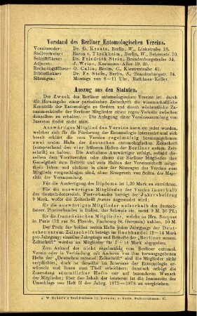 Vorstand des Berliner Entomologischen Vereins - Auszug aus den Statuten