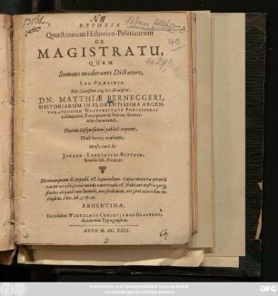 Decuria Quaestionum Historico-Politicarum De Magistratu