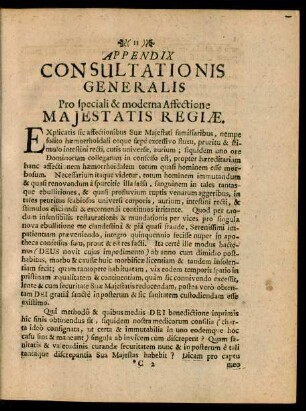 Appendix Consultationis Generalis Pro speciali & moderna Affectione Maiestatis Regiae.