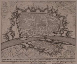 Plan der Befestigung von Frankfurt (Main), 1:15 000, Kupferstich, um 1710 : Franckfurt, in Frankerland, door de Main afgesneden van Saxenhusen : Haer Gesight is na het Stedeb. ; C. P. = Francofurtum, ad Moenum, in Franconia. - [Ca. 1:15 000]. - Amst. : Pet. Schenk , [um 1710]. - 1 Kunstbl. : Kupferst. ; 19 x 15 cm
