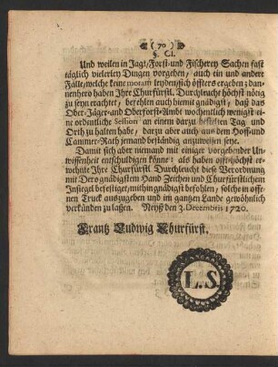 Neyß den 3. Decembris 1720. Frantz Ludwig Churfürst