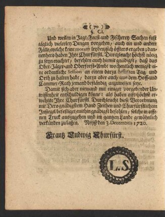 Neyß den 3. Decembris 1720. Frantz Ludwig Churfürst