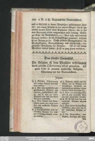 Das fünfte Hauptstük. Die Religion ist dem Menschen ursprünglich durch götliche Offenbarung bekant geworden. Es giebt keine so genante natürliche Religion. Warnung vor der Naturalisterei.