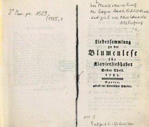 Blumenlese für Klavierliebhaber : e. musikal. Wochenschrift. 1785,[3]. Liedersammlung zu der Blumenlese für Klavierliebhaber. - Fotokopie