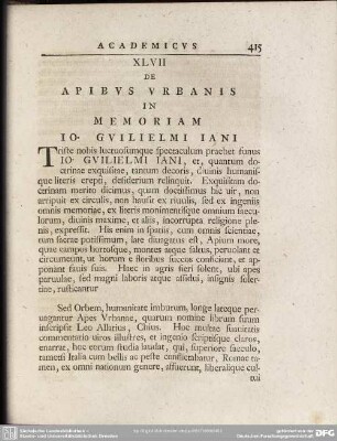 XLVII De Apibus Vrbanis In Memoriam Io. Guilielmi Iani