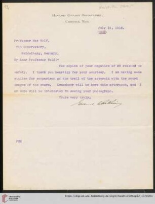 Briefe von Edward Charles Pickering an Max Wolf: Brief von Edward Charles Pickering an Max Wolf