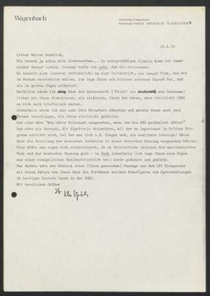 Brief an Walter Boehlich von Verlag Klaus Wagenbach (Berlin, West) : 22.04.1979