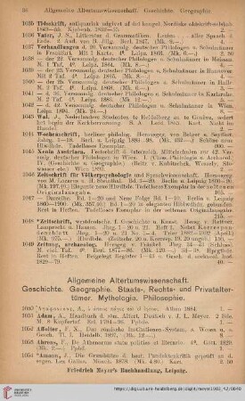 Allgemeine Altertumswissenschaft. Geschichte. Geographie. Staats-, Rechts- und Privataltertümer. Mythologie. Philosophie (Nr. 1050 - 1444)