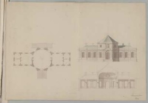 Lusthaus, Entwurf, Grund- , Aufriss und Längsschnitt : Lusthaus, Entwurf, Grund- , Aufriss und Längsschnitt, Zacharias Longuelune, 1715/1748. Graphit, Pinsel in Wasserfarbe/Papier. 36,5 x 52,2 cm. Bez.: Unten rechts, jüngerer Vermerk: "Longuelune Steche". Maßstab ohne Maßeinheit. Vgl. Archit.266,Bl. 7-9, Lusthaus, 3. Entwurfsvariante.
