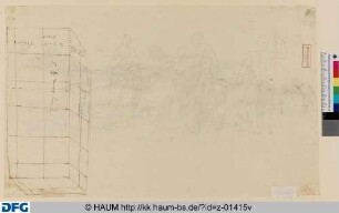 Federskizze eines Steinquaders mit Maßangaben, drei Graphitskizzen für Jupiter, Herkules und eine weitere Gewandfigur