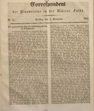 Nr. 21. Fulda, den 1. November 1852.