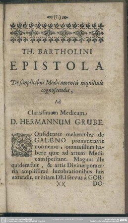 Th Bartholini Epistola De simplicibus Medicamentis inquilinis cognoscendis