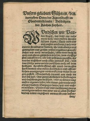 Unsern geliebten Sühnen/ den dreyzehen Orten der Aignoschafft im Oberdeudschlandt/ Beschützern der Kirchen freyheit.