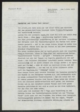 Brief von Sigmund Graff und Susanne Graff an Gerhart Hauptmann