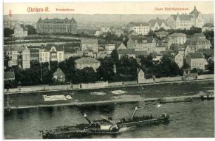 Meißen. Krankenhaus, Gymnasium,Elbe mit Schlepper