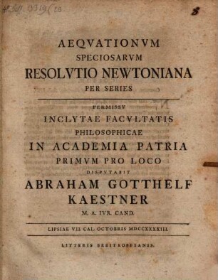 Aeqvationvm Speciosarvm Resolvtio Newtoniana Per Series